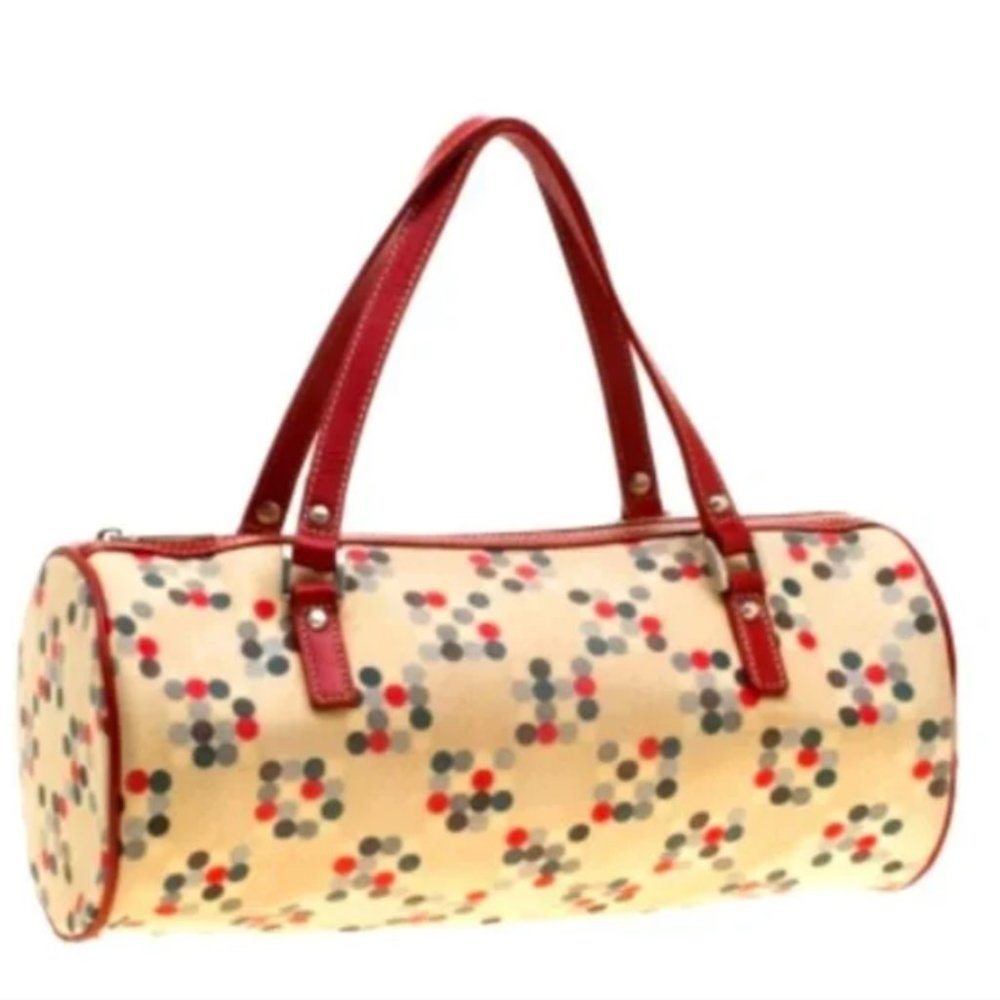 Burberry red leather trim dots barrel Boston bag